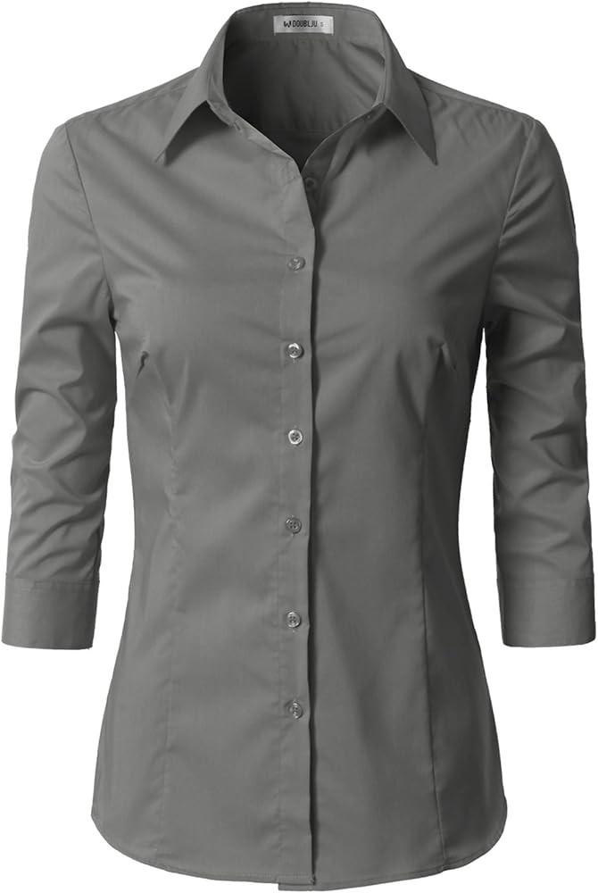 DOUBLJU Basic Slim Fit Dress Shirts 3/4 Sleeve Collared Button Down Formal Business Casual Blouse... | Amazon (US)