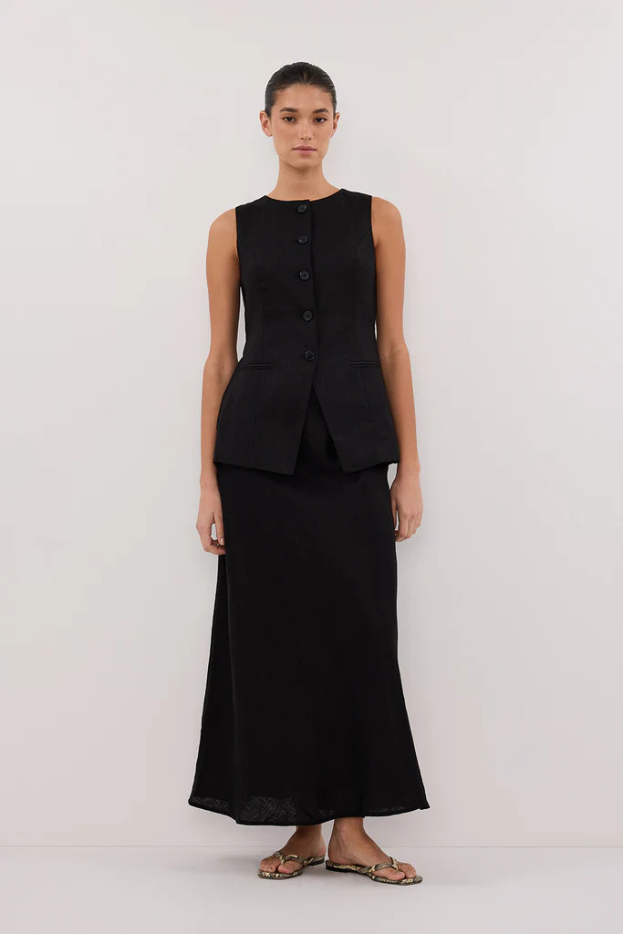 TYRA BLACK LINEN MIDI SKIRT | DISSH