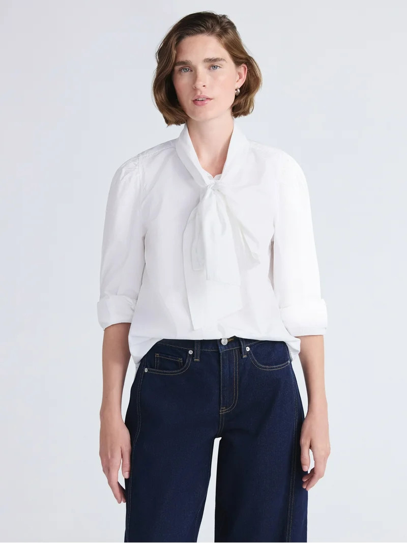 Free Assembly Women's Cotton Tie Neck Blouse with Long Puff Sleeves, Sizes XS-XXL - Walmart.com | Walmart (US)