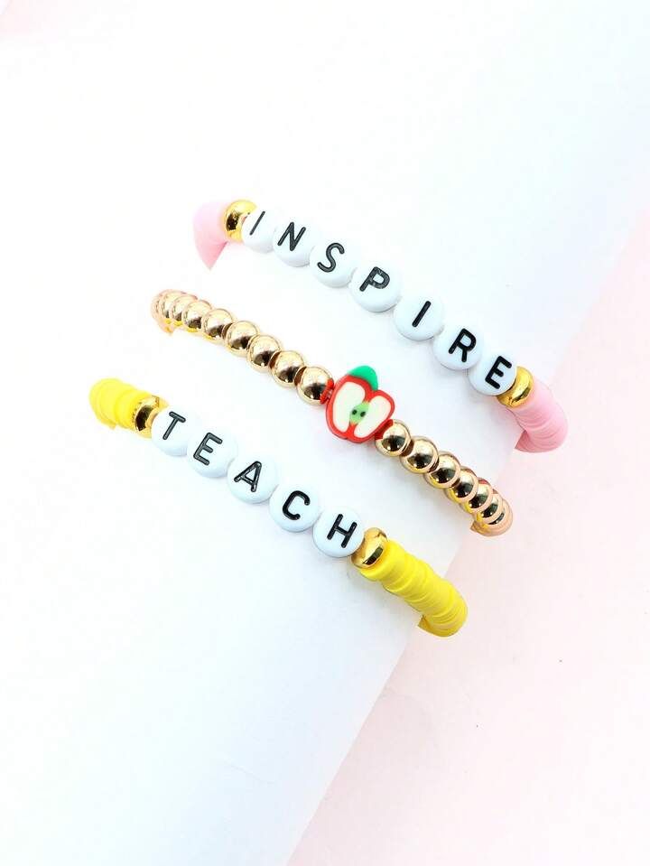 3pcs/set Women's Black Onyx & Soft Clay Letter TEACH, INSPIRE Apple Elastic Beaded Bracelet Set A... | SHEIN