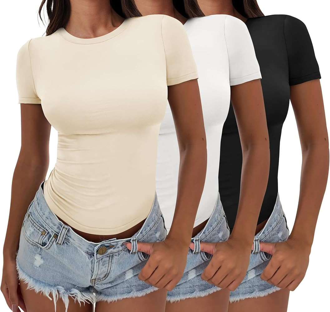 ANRABESS Women’s 3 Pack Short Sleeve Shirts 2025 Crop Tops Tight Fitted Basic Tees Workout T Sh... | Amazon (US)