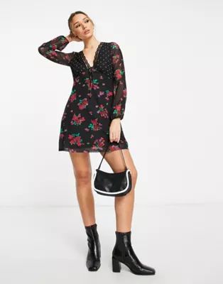 River Island floral and spot mixed print mini dress in black | ASOS (Global)