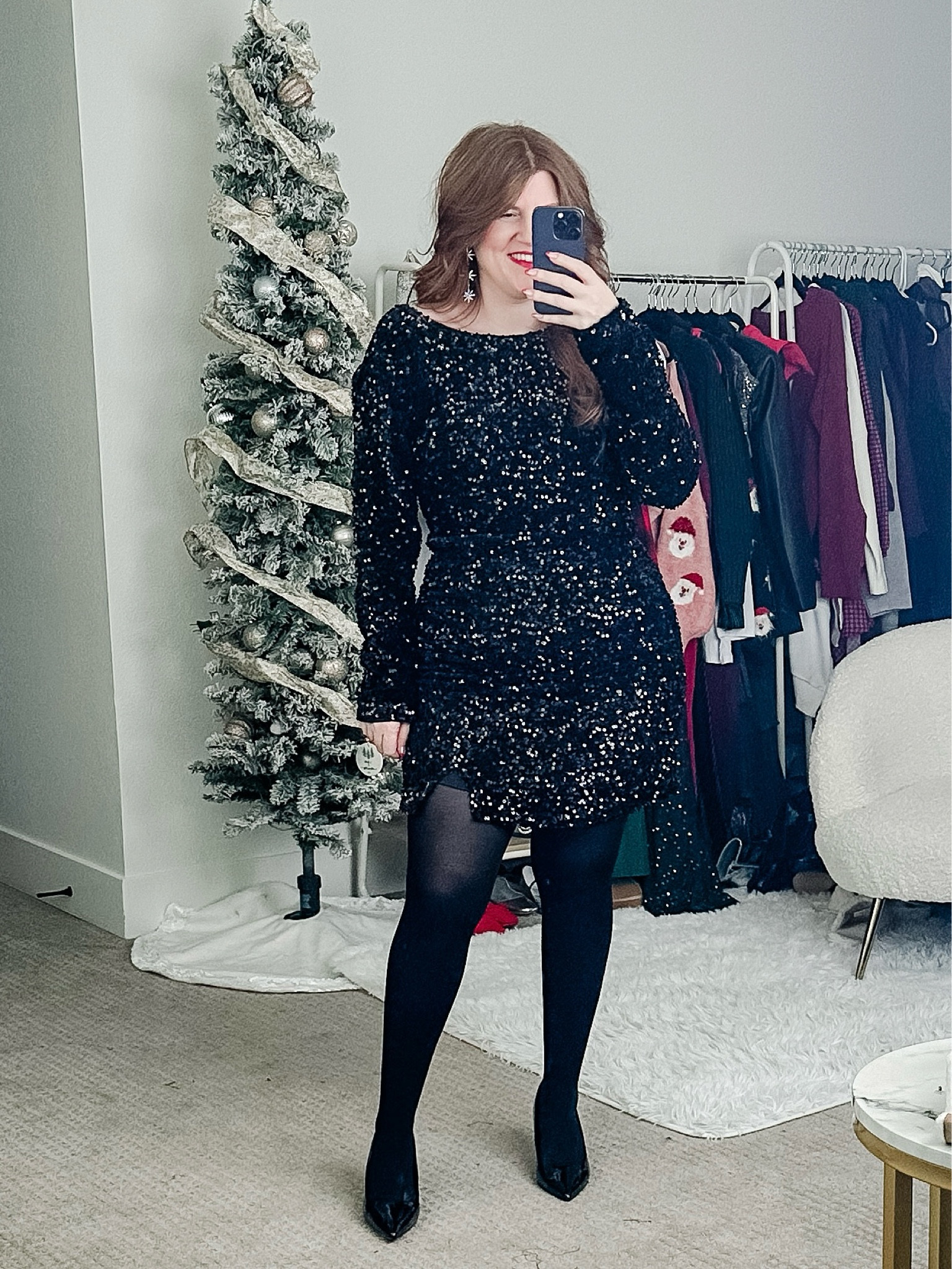 glitter dress with tights Christina Black Sequin Detail Long Sleeve Mini Dress – Get That Trend main image 1
