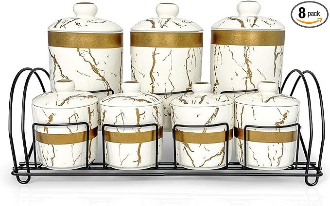 MK Crew 8 Piece Ceramic Canister Jar Set with a Stand and Airtight Lids, White Marble and Gold De... | Amazon (US)