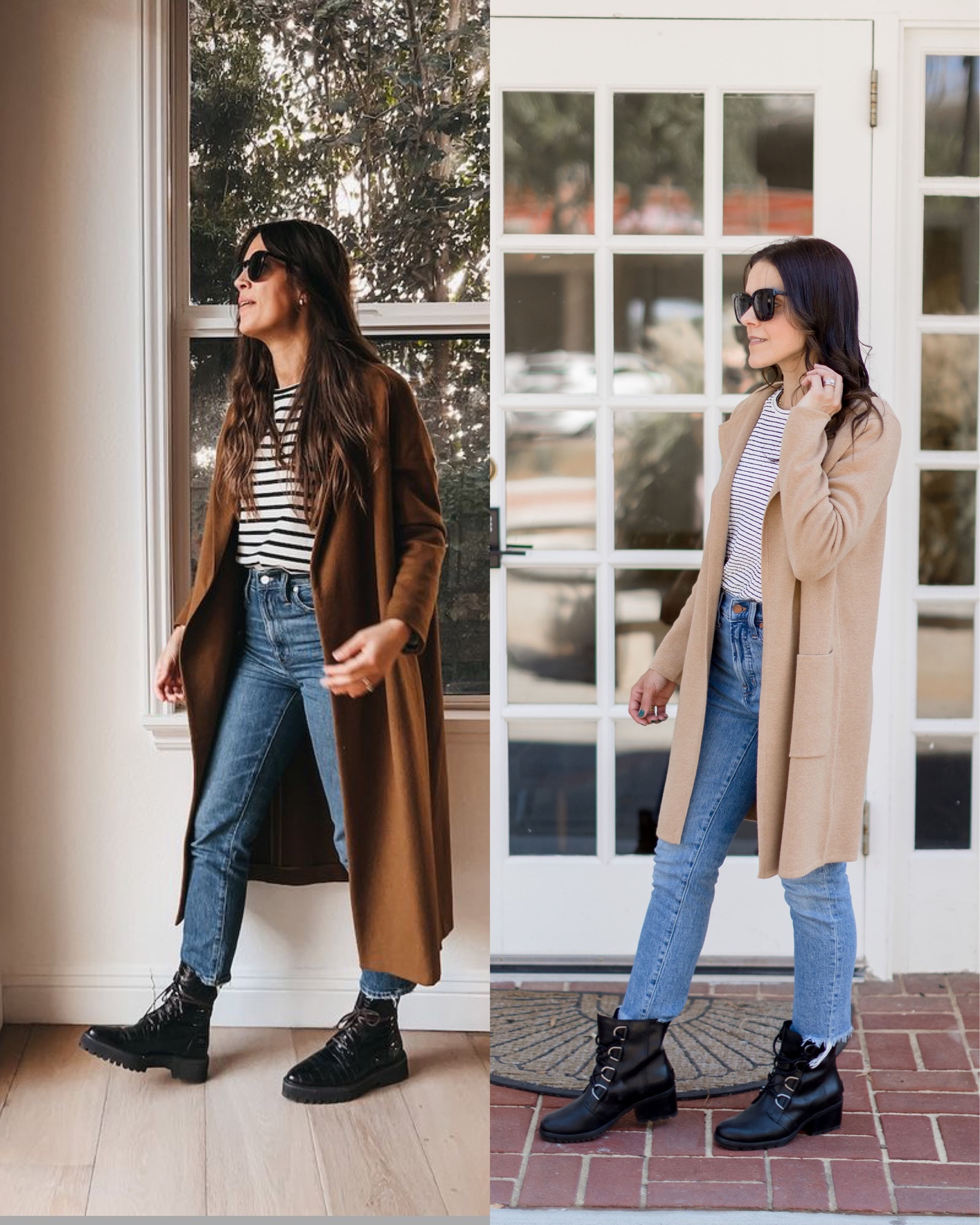 Recreated Pinterest outfit: sweater coatigan, striped tee, vintage straight jeans, combat boots 

#LTKstyletip