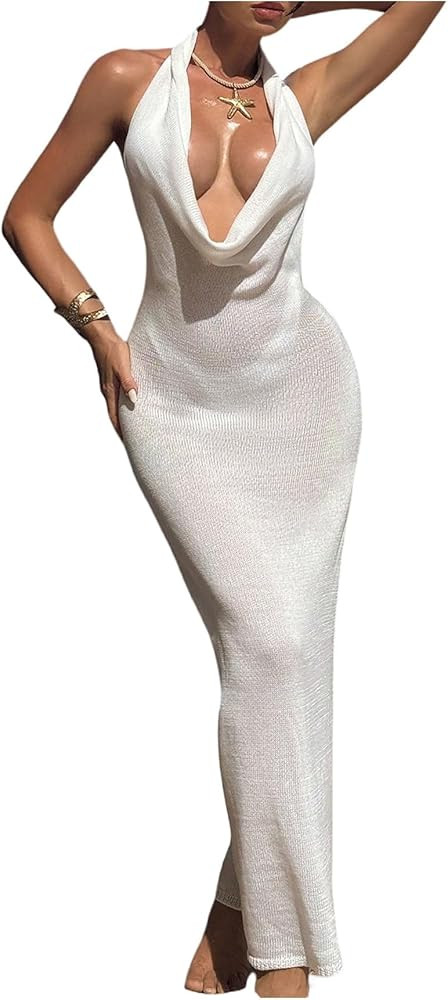 WDIRARA Women's Draped Halter Cover Up Backless Maxi Beach Dress Coverup | Amazon (US)