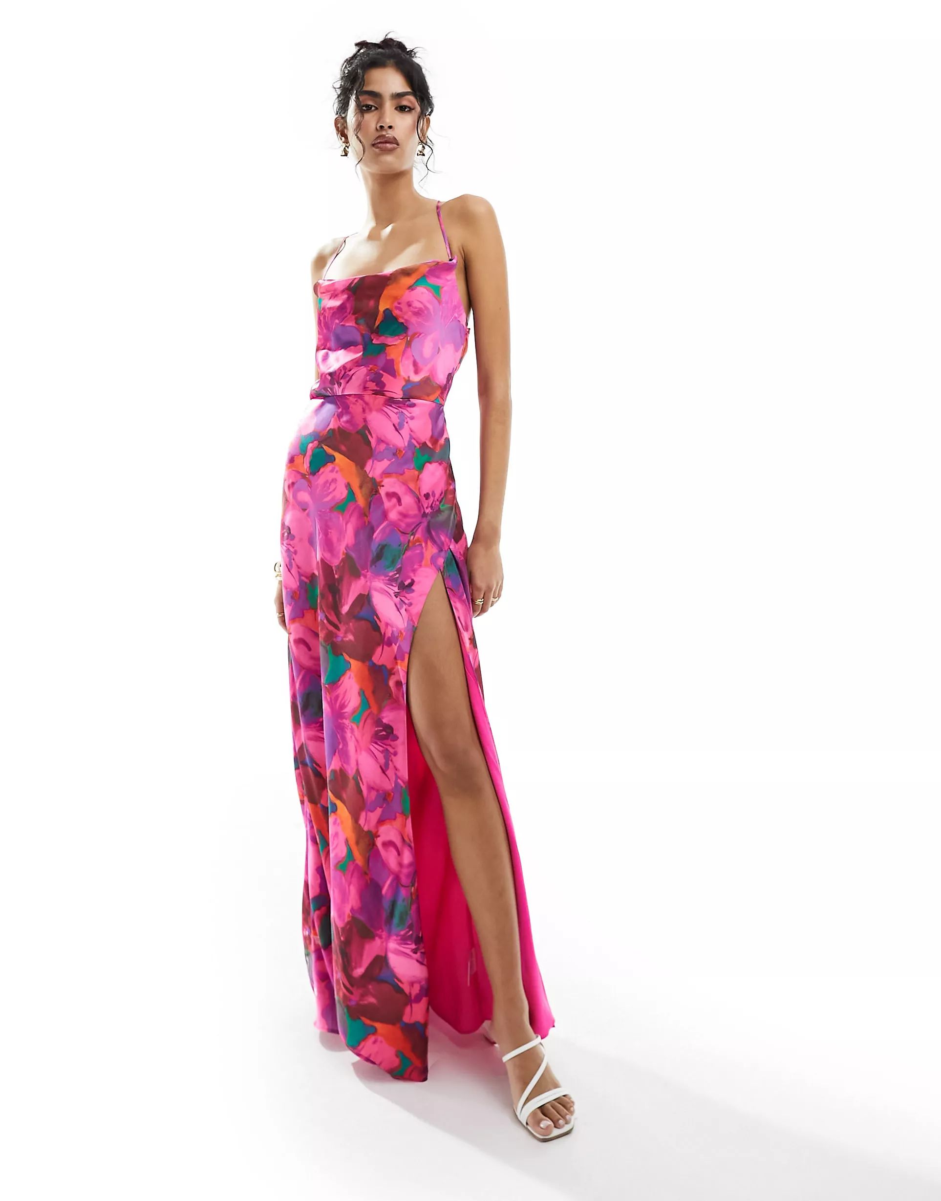 Hope & Ivy satin cami maxi dress with thigh slit in pink floral | ASOS (Global)
