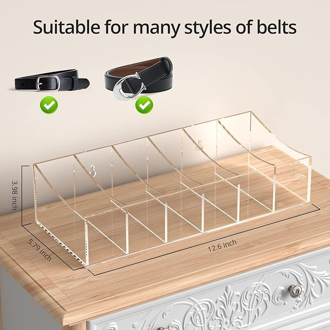 Belt Organizer, Acrylic Belt Storage Holder for The Closet and Drawer, 6 Compartments Belt Contai... | Amazon (US)