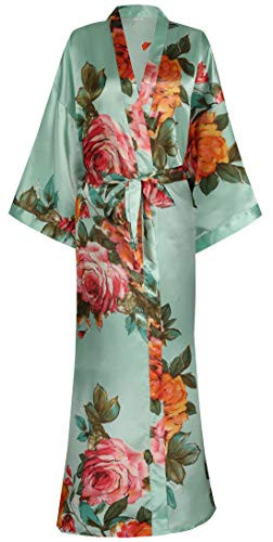 Women's Long Floral Satin Kimono Robes Bridal Dressing Gown Wedding Bridesmaid Nightgown Green | Amazon (US)