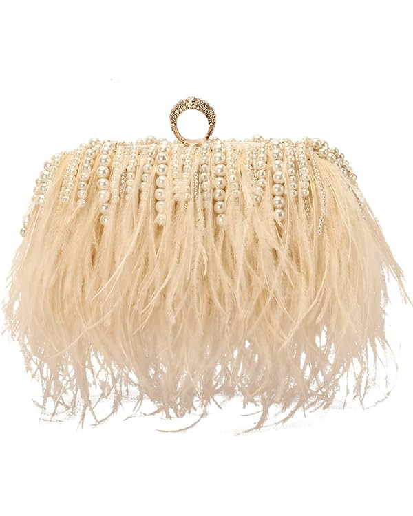 Women Real Natural Ostrich Feather Evening Bags Purses Clutch Vintage Banquet Handbag | Amazon (US)