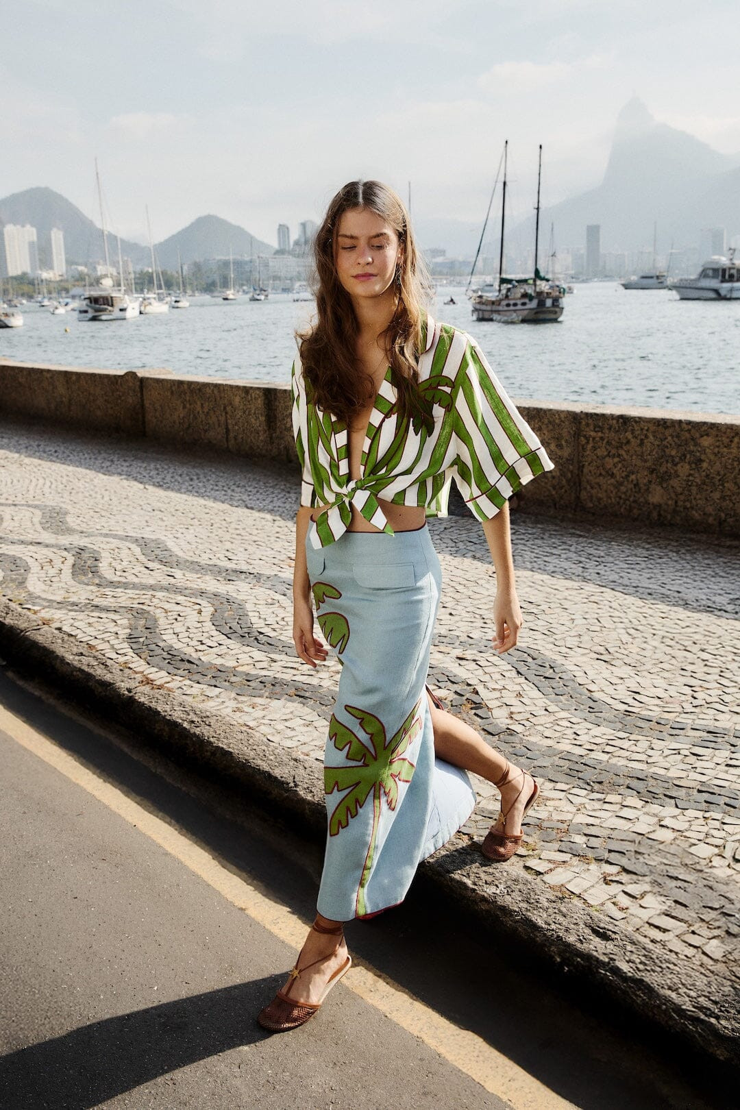 Blue Embroidered Palm Tree Euroflax Premium Linen Maxi Skirt | FARM Rio | FarmRio (US)