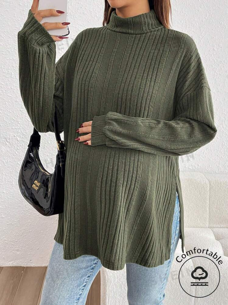 SHEIN Maternity Casual Solid Color High Collar Side Slit Long Sleeve T-Shirt, Slit T-Shirt, Autum... | SHEIN