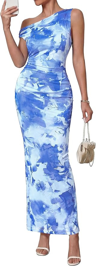 PRETTYGARDEN Women Summer Floral One Shoulder Bodycon Maxi Dresses Ruched Mesh Beach Wedding Gues... | Amazon (US)