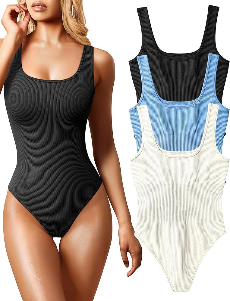OQQ Women's 3 Piece Bodysuits Sexy Ribbed Sleeveless Square Neck Sleeveless Tank Tops Bodysuits | Amazon (US)