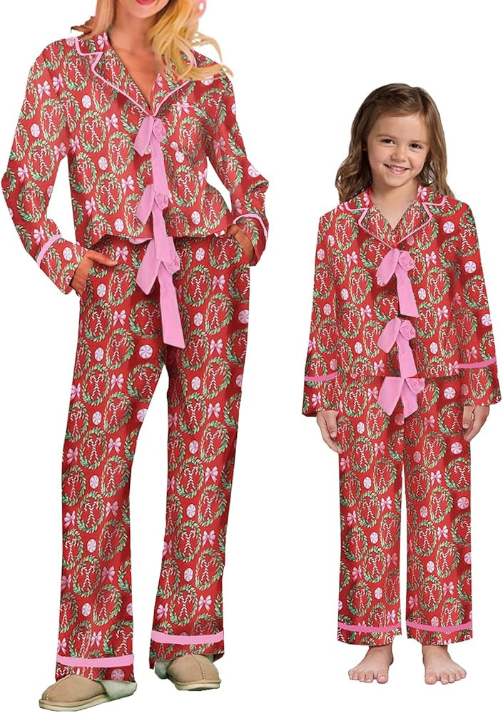 Mommy and Me Matching Christmas Outfits Silk Satin Pajamas Bow Tie Long Sleeve Shirt Tops and Pan... | Amazon (US)
