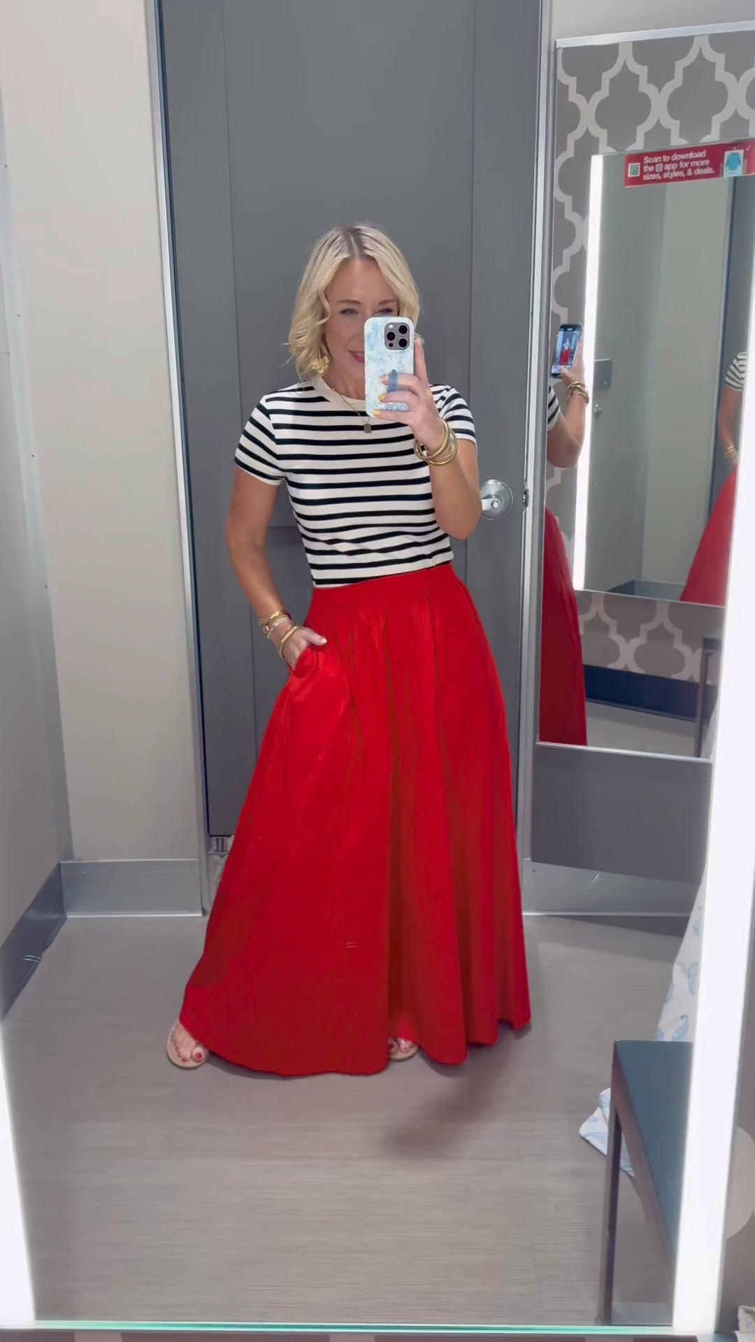 Target in store try-on (tops & bottoms): 
• Striped t-shirt - size small. 
• Red maxi skirt - size small.  


#LTKFindsUnder50 #LTKOver40 #LTKSeasonal
