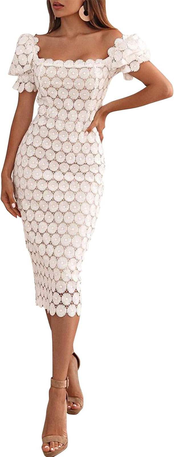 Cololura Elegant Sexy Floral Lace Short Sleeve Off Shoulder Evening Gown Party Formal Bodycon Mid... | Amazon (US)