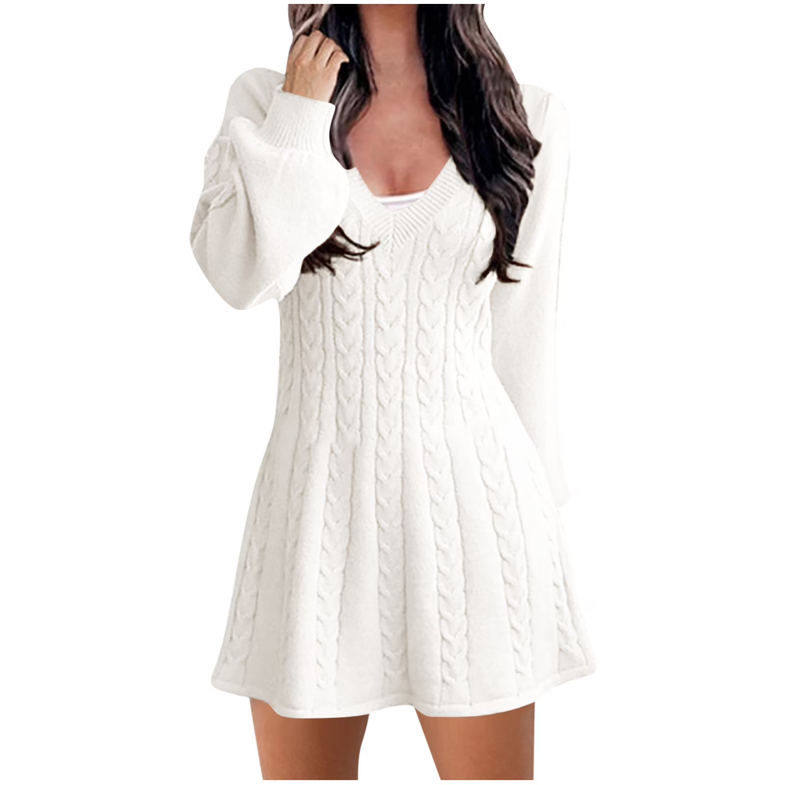 Women's 2024 Fall Sweater Dress Sweater Knitwear Lantern Sleeve V-Neck Solid Color Cable Knit Chu... | Walmart (US)