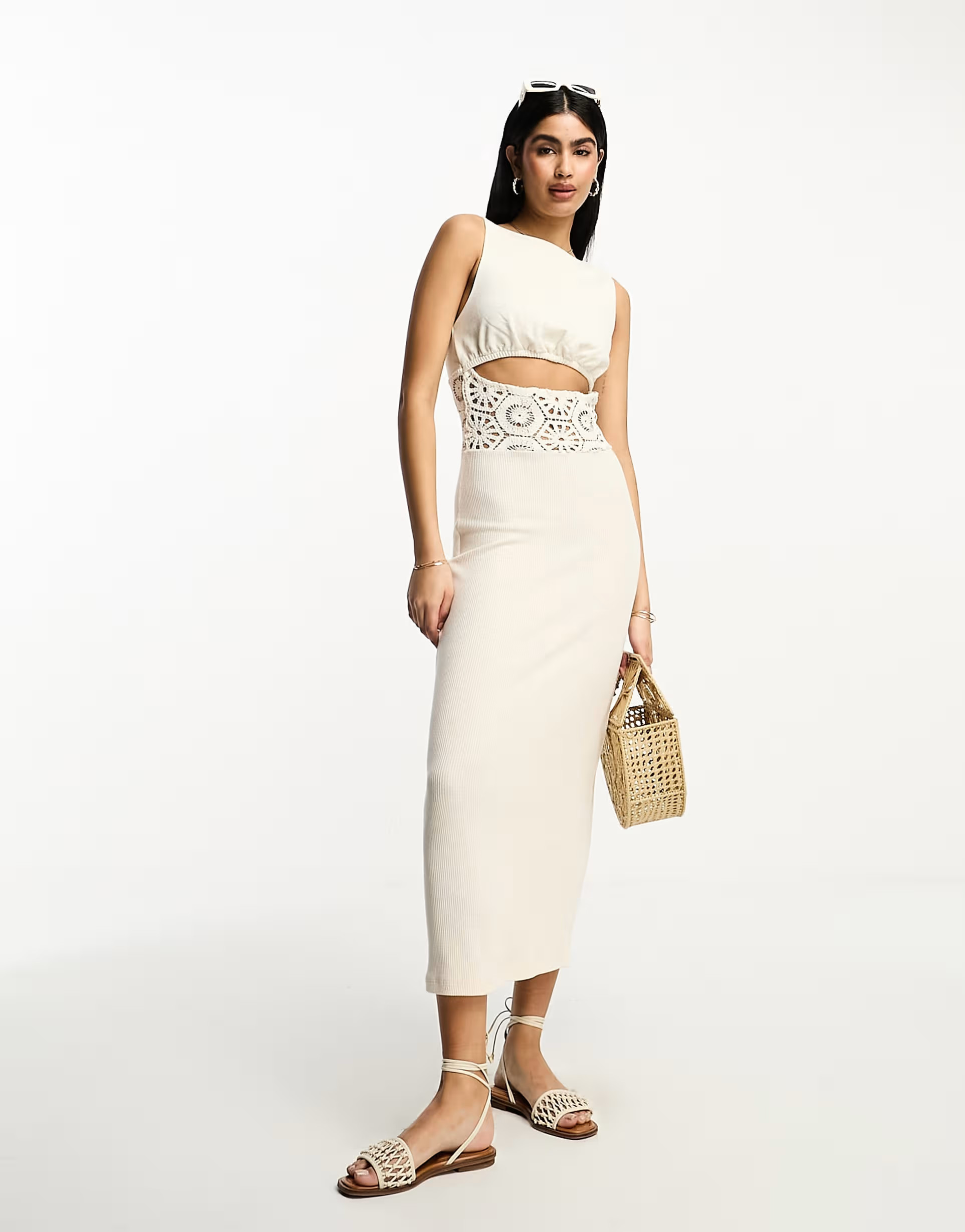 ASOS DESIGN sleeveless maxi dress with cut out waist and crochet insert in cream | ASOS (Global)