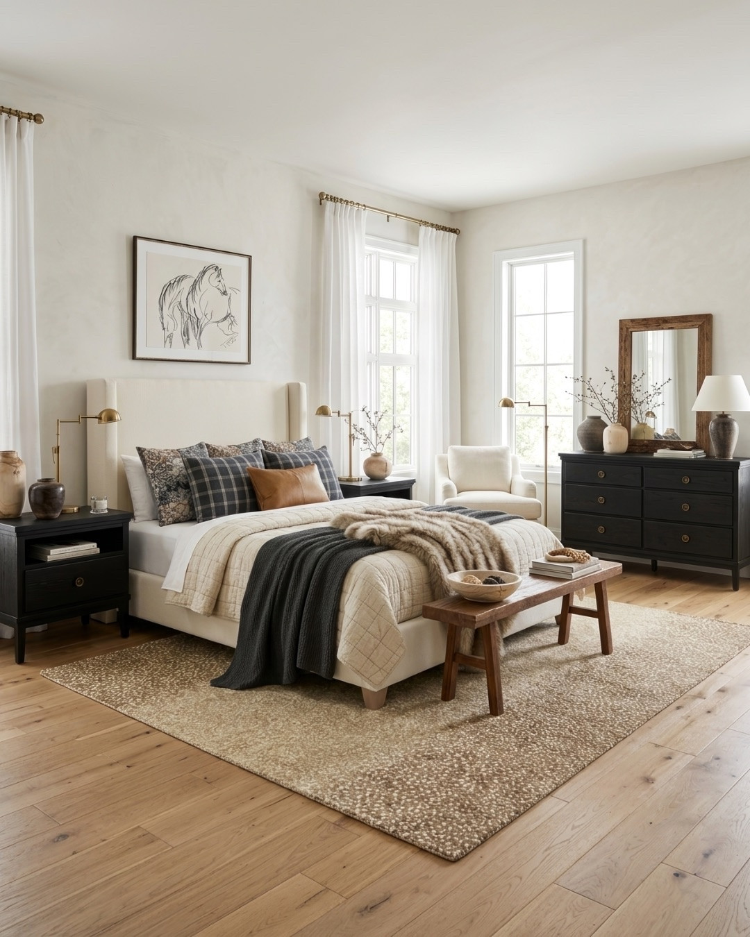 Tan and Charcoal Equestrian Master Bedroom Design

This primary bedroom idea is perfect for anyone who loves a rustic, collected look. A wood bench, wood-framed mirror, and speckled rug bring in natural texture. The horse sketch wall art is my favorite part 🐎!

*Note: This is a digital room mockup showcasing product styling ideas from my room design mood board.

#bedroomdesign #bedroomdecor #moodboard #homeideas

#LTKHome