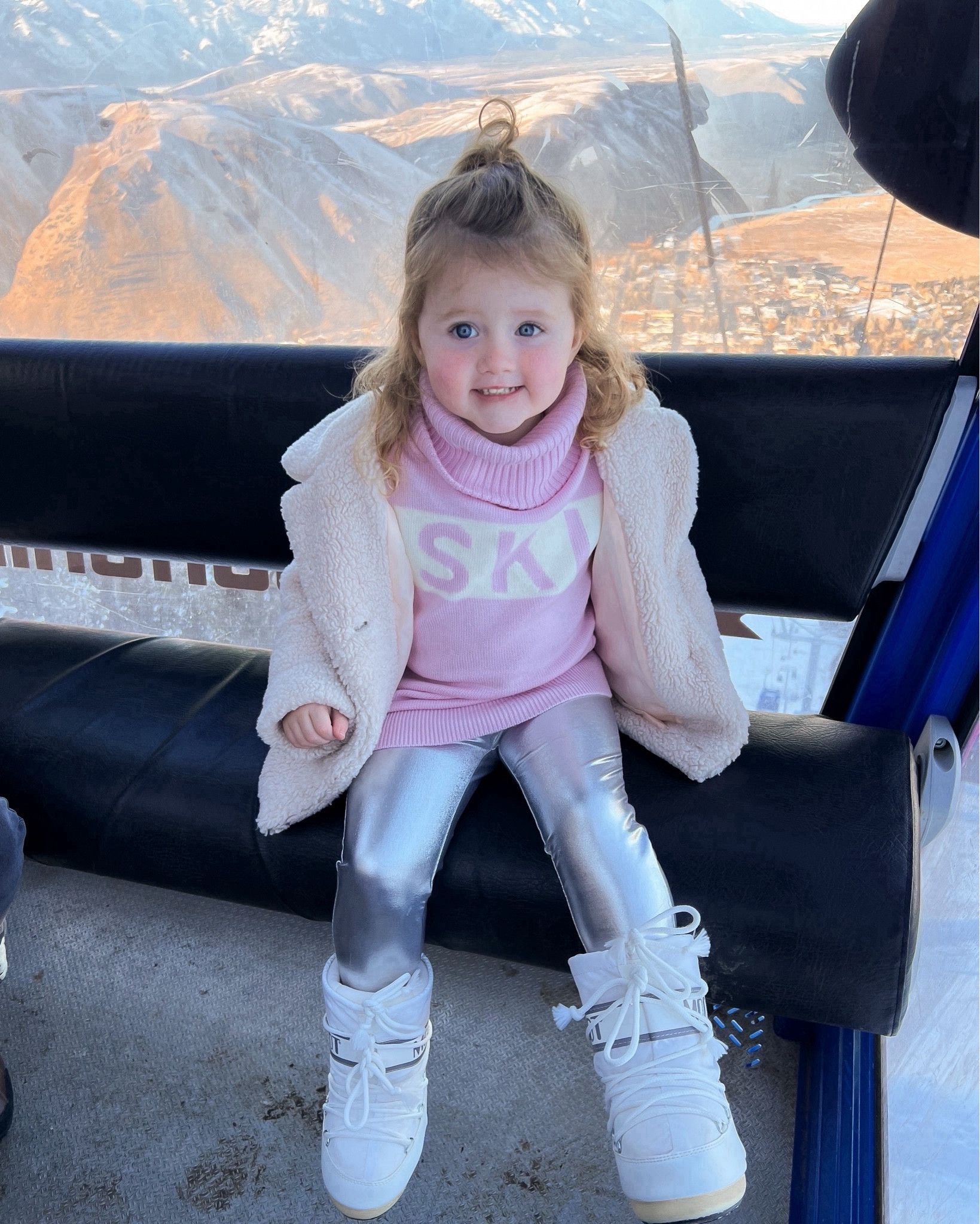Travel outfit, ski sweater, moon boots, Sherpa coat, shiny leggings, metallic leggings 

#LTKtravel #LTKkids #LTKSeasonal