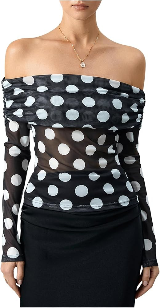 MakeMeChic Women's Polka Dots Top Mesh Off The Shoulder Blouses Ruched Long Sleeve Blouse Top | Amazon (US)