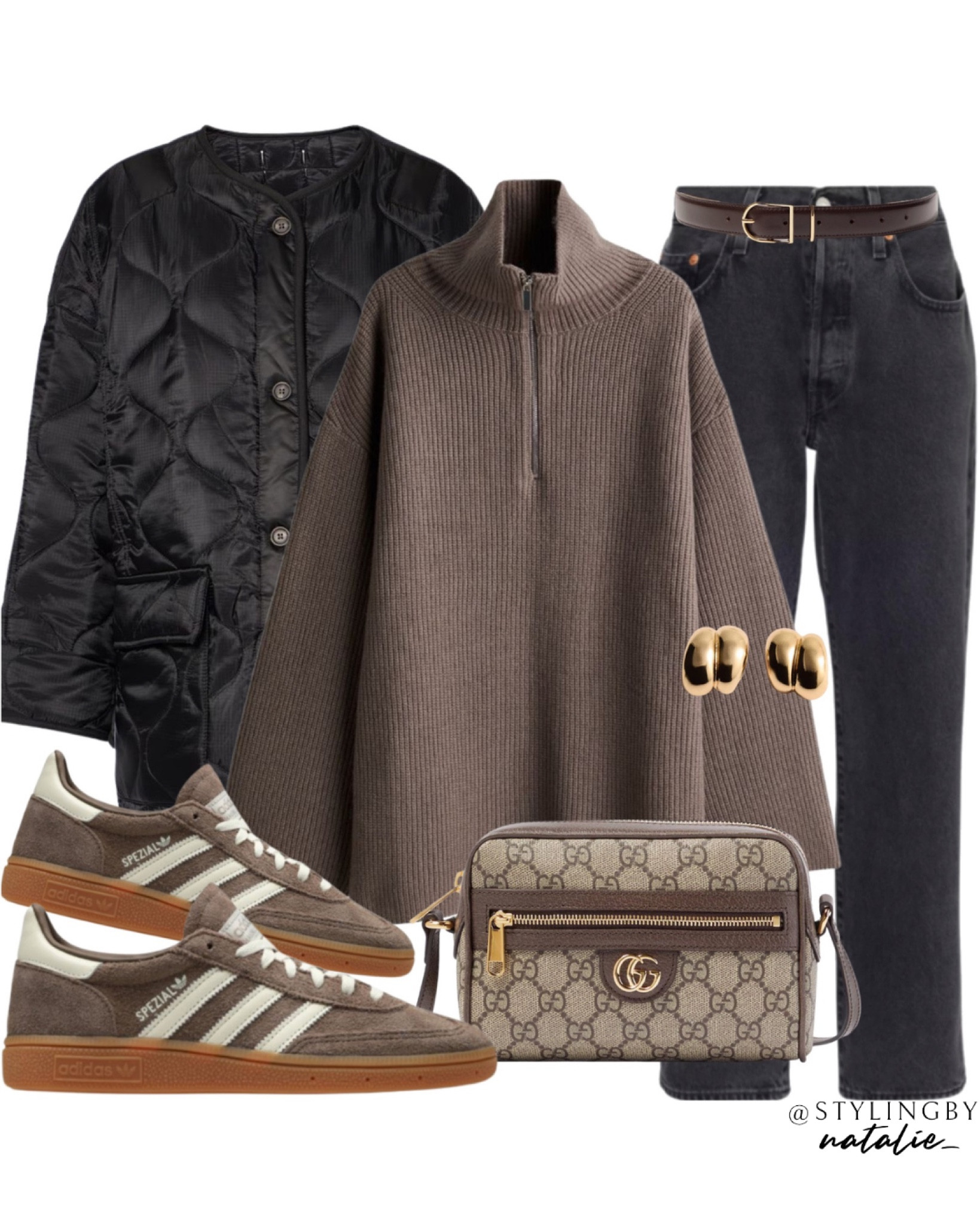 Quilted jacket, ribbed zip top jumper, black Levi jeans, Gucci crossbody bag, adidas Spezial trainers, gold earrings and brown belt.
Brown outfit, autumn outfit, casual outfit, walking outfit.

#LTKstyletip #LTKeurope #LTKautumn