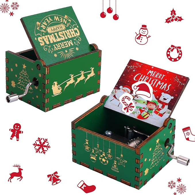 cobee Merry Christmas Hand Crank Music Boxes, Wood Christmas Music Box Mini Vintage Engraved Musi... | Amazon (US)