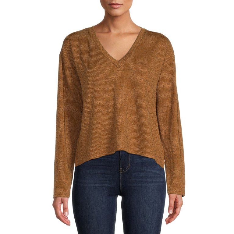 Time and Tru Women's V-Neck Knit Top with Long Sleeves | Walmart (US)