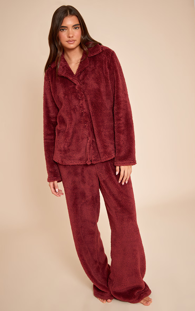 Burgundy Button Up Fleece Pyjama Set | PrettyLittleThing UK
