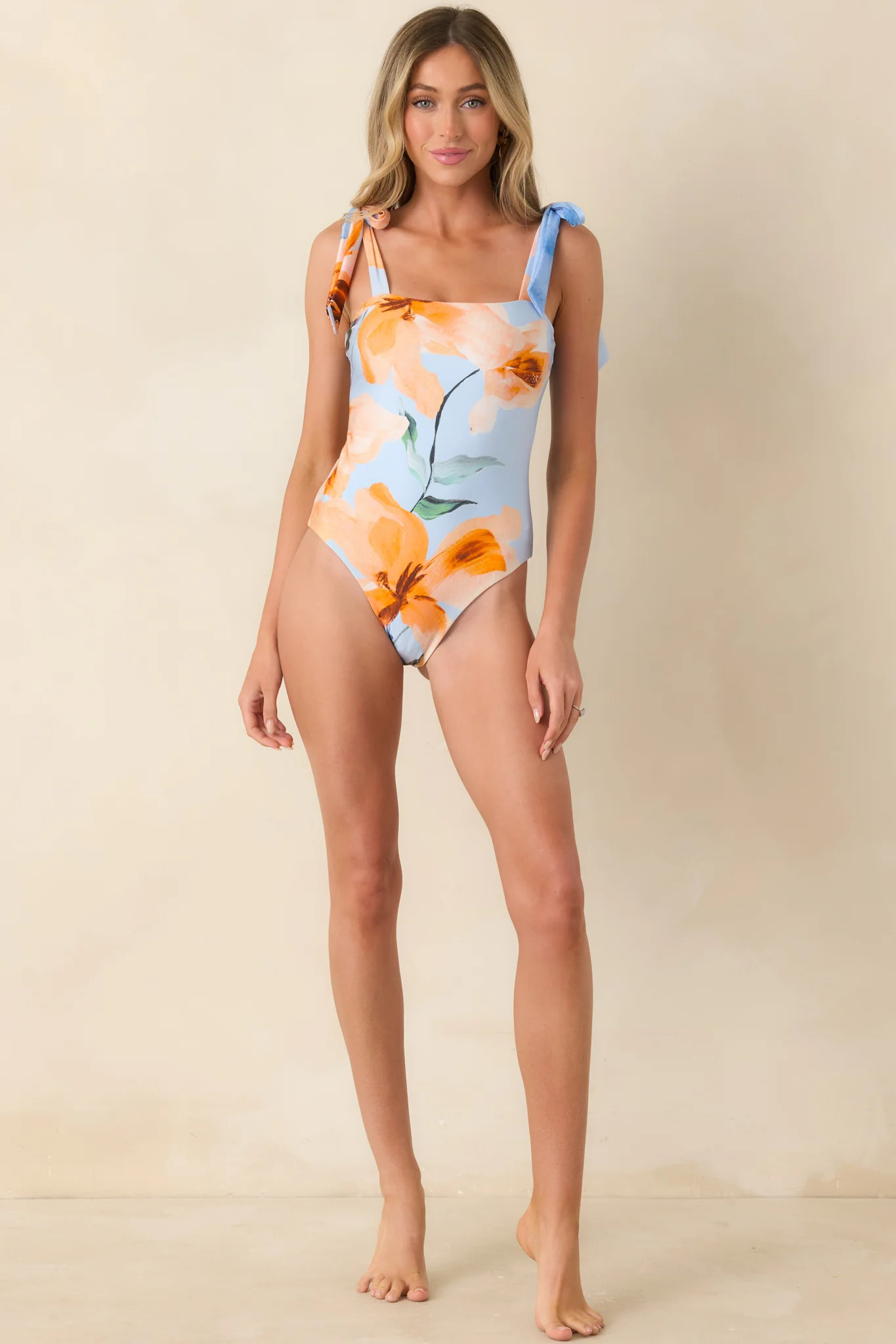 MINKPINK Sunspell Blue Multi Floral Tie Strap One Piece Swimsuit | Red Dress