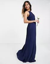 TFNC bridesmaid exclusive high neck pleated maxi dress in navy | ASOS | ASOS (Global)