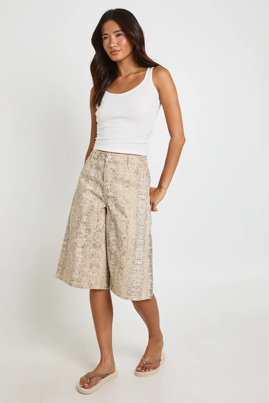 Snake Print Longline Mid Rise Denim Jort | Boohoo | Boohoo.com (UK & IE)