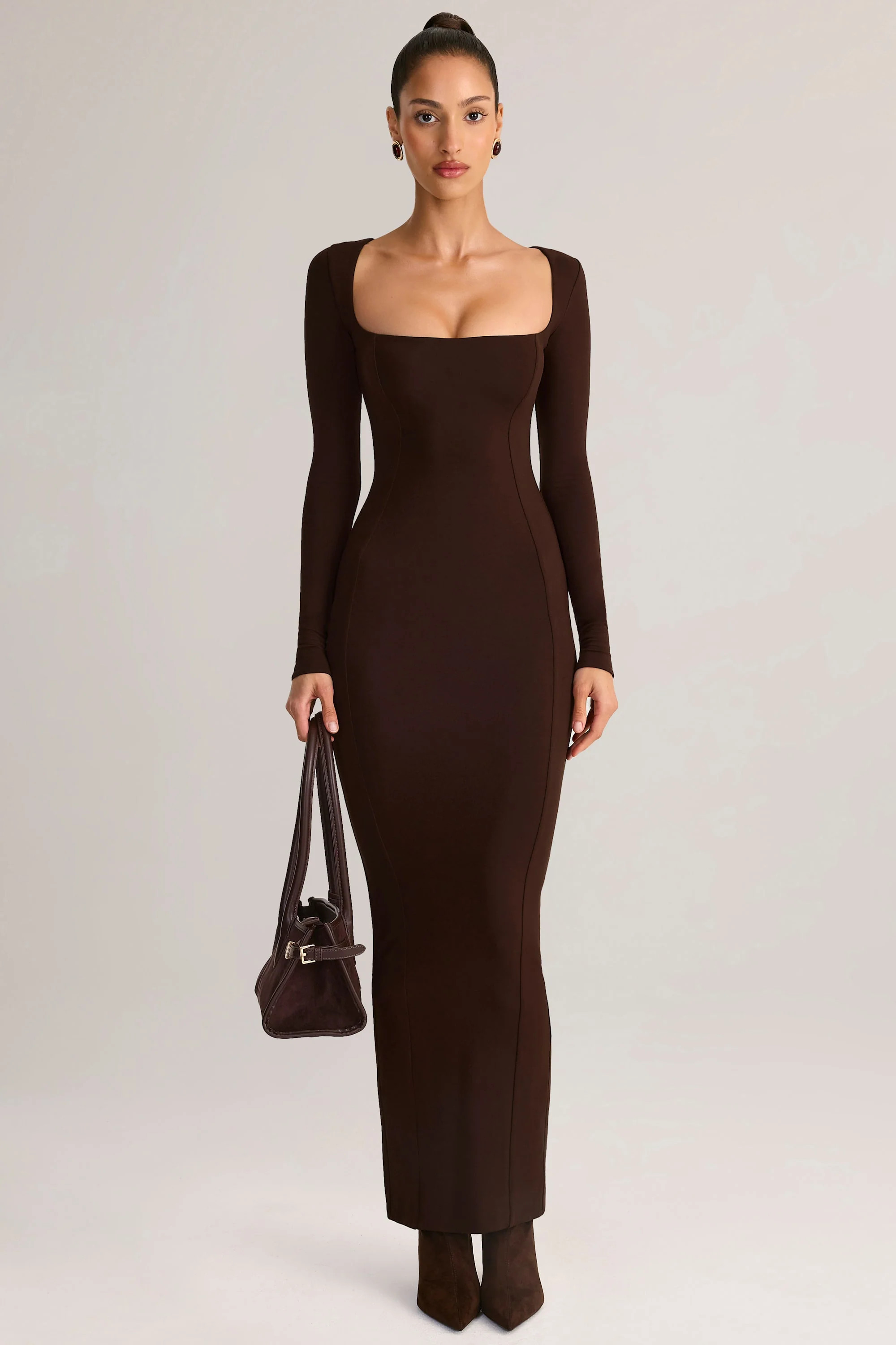Modal Square-Neck Bodycon Maxi Dress in Chocolate Brown | Oh Polly