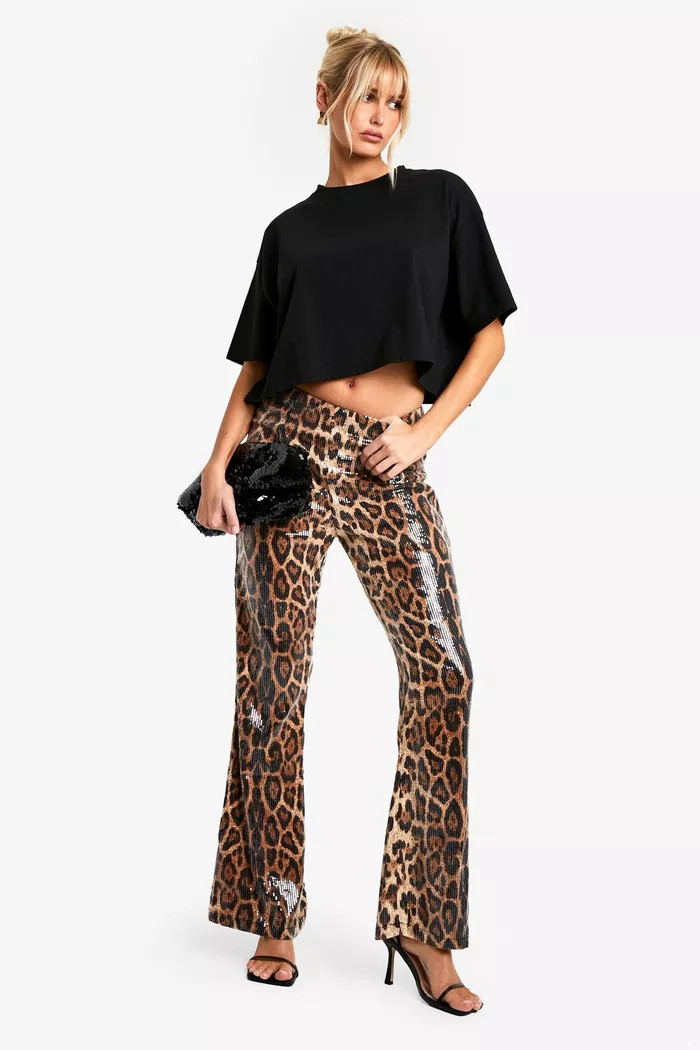 Leopard Sequin Flare Trouser | boohoo (US & Canada)