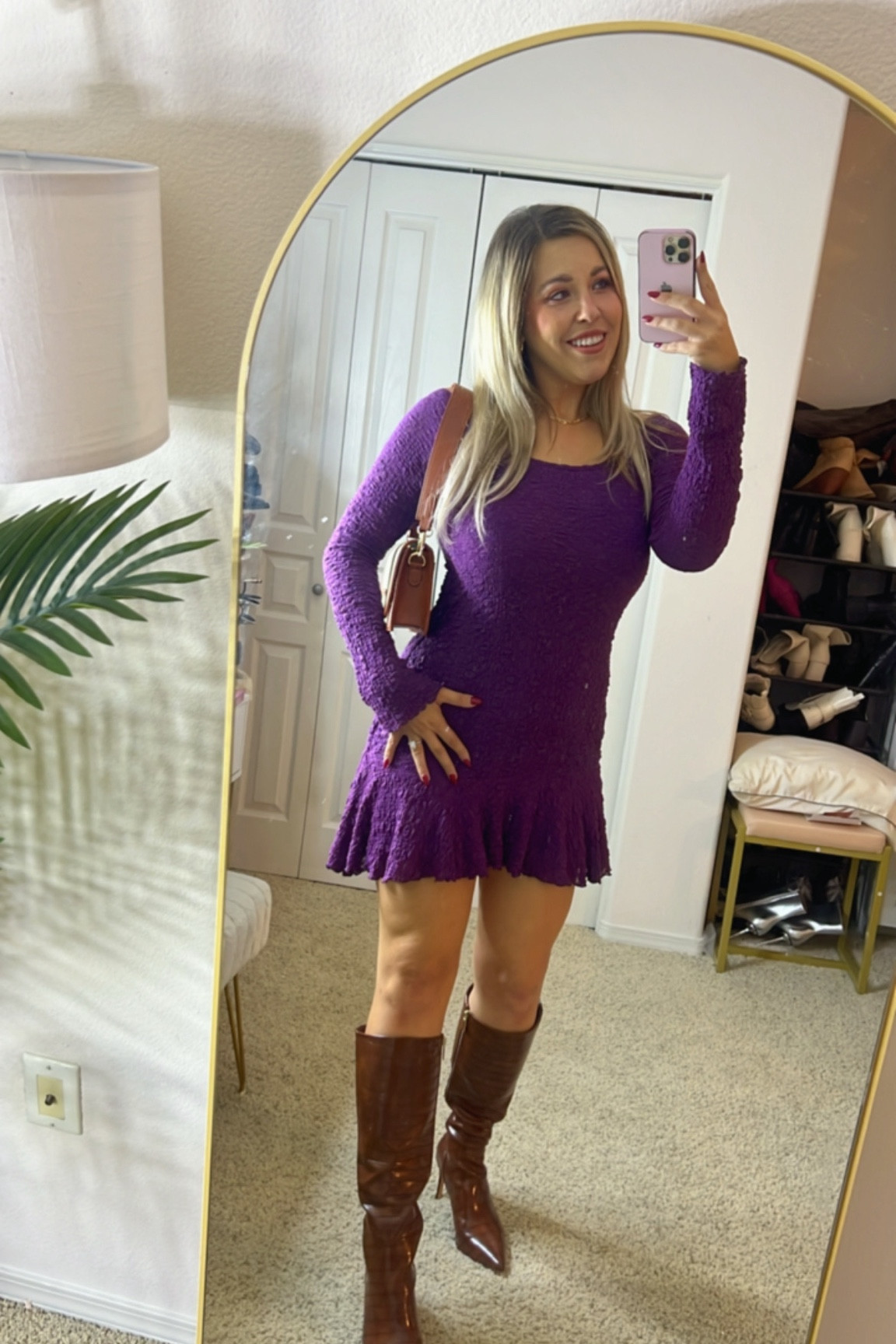 Purple off the shoulder dress
Going out outfit
Going out dress
Mini dress with flare

White fur coat
Brown Leather shoulder bag

#LTKStyleTip #LTKParties #LTKU