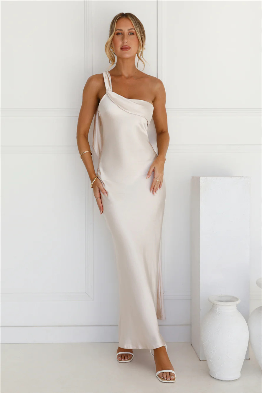 Romantic Tales Satin One Shoulder Maxi Dress Champagne | Hello Molly (US)