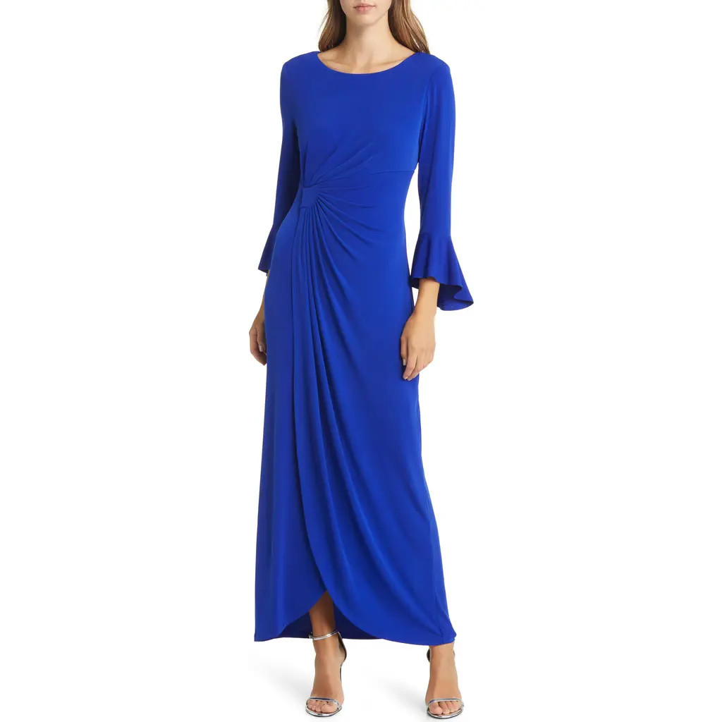 Connected Apparel Bell Sleeve Gathered Waist Gown in Deep Cobalt at Nordstrom, Size 4 | Nordstrom