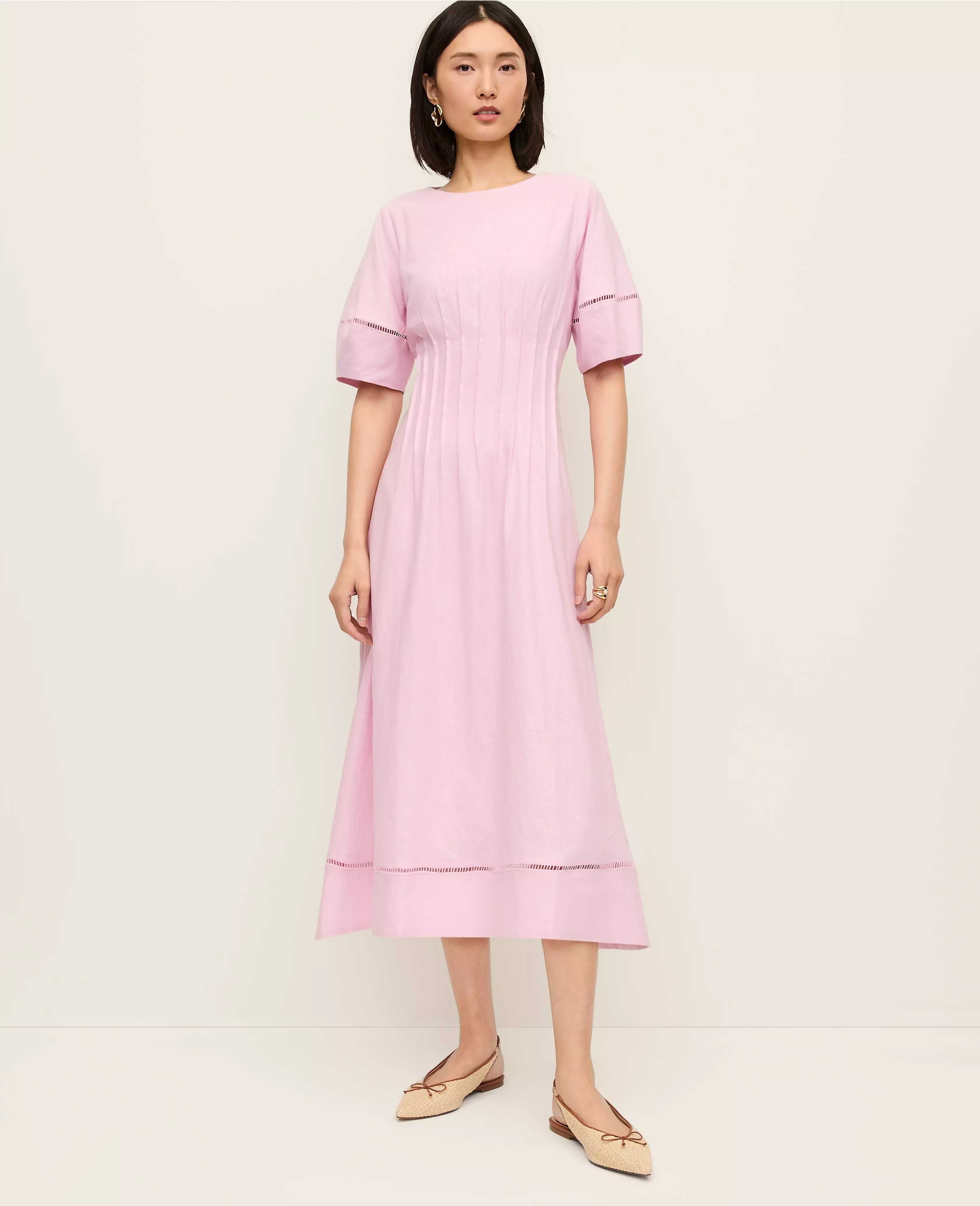 Pintuck Linen Blend Midi Dress | Ann Taylor