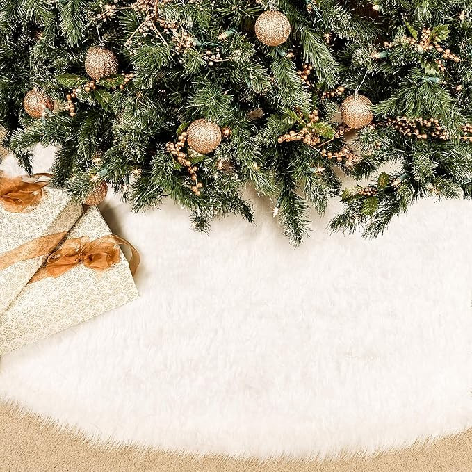 Christmas Tree Skirt, 48 Inch Snowy White Faux Fur Xmas Plush Tree Skirt, Winter Large Christmas ... | Amazon (US)