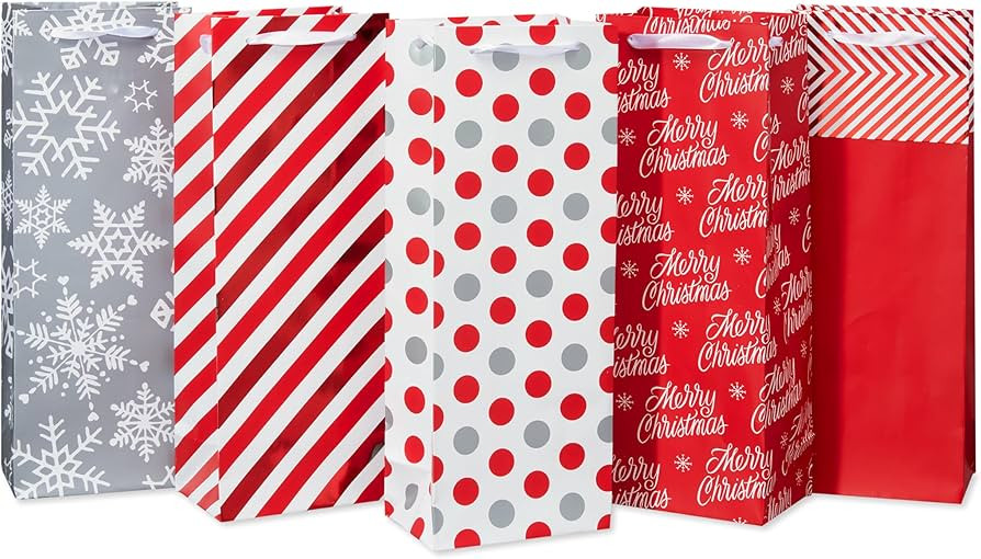 American Greetings Multi Design Wine Gift Bags, Red, White and Silver (5 Bags) | Amazon (US)