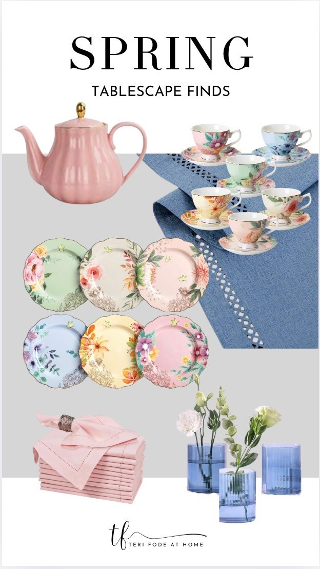 A soft, feminine spring brunch tablescape inspired by a  Bridgerton tea party, featuring floral teacups, matching salad plates, pastel linens, and delicate glass accents for a charming Mother’s Day or garden-style gathering; spring tablescape, brunch table ideas, tea party table, mothers day table decor, floral teacups, floral salad plates, pastel table decor, feminine table setting, garden party ideas, spring brunch hosting, elegant tea party, vintage inspired table, layered table setting, pink and blue decor, linen napkins, blue glass vases, spring florals, entertaining at home, hosting ideas, modern hostes

#LTKfoodie #LTKHome #LTKSeasonal