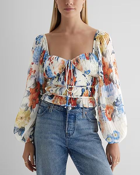 Floral Pleated Tie Long Sleeve Top | Express