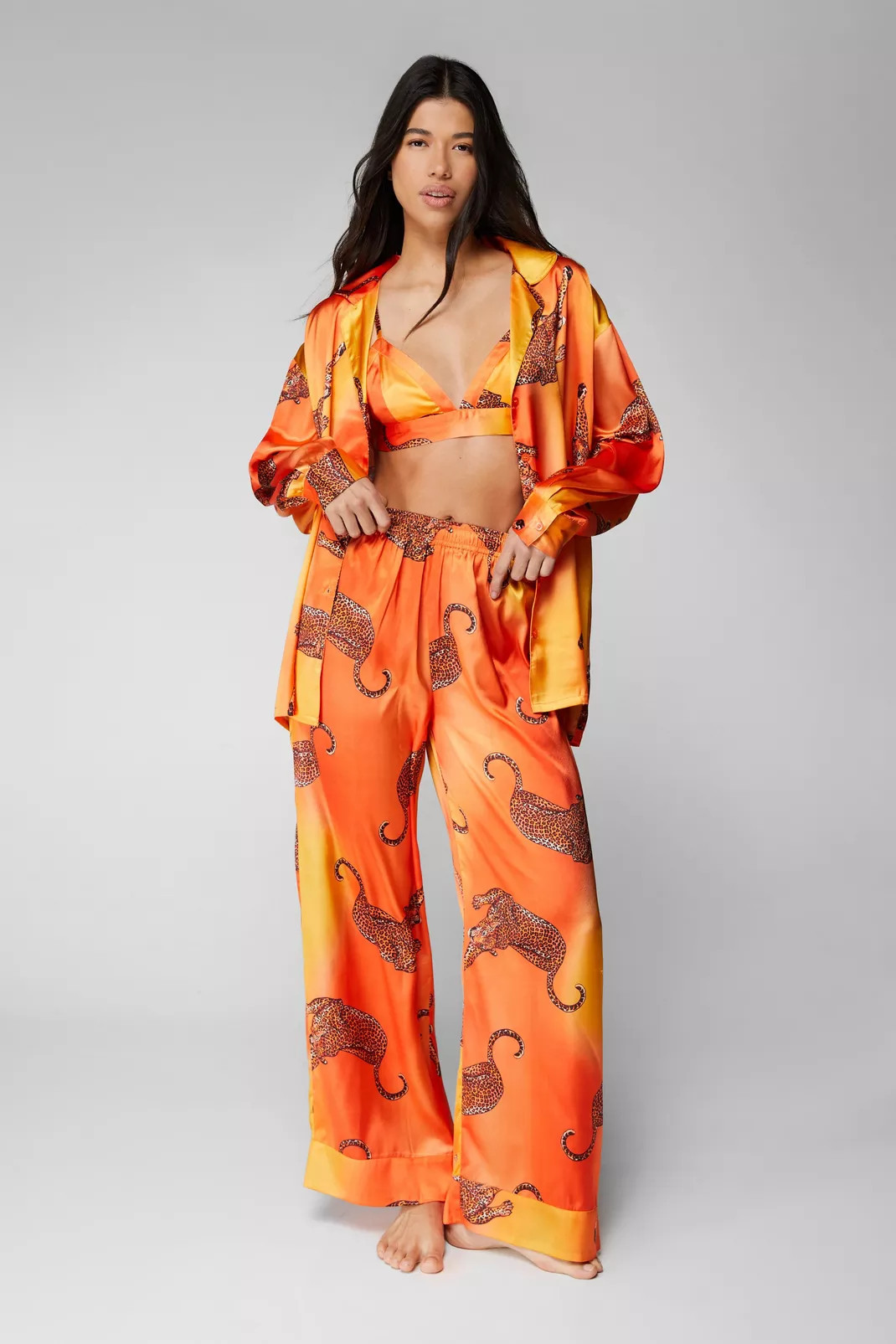 Satin Leopard 3pc Shirt Bralette & Pants PJ Set | Nasty Gal US
