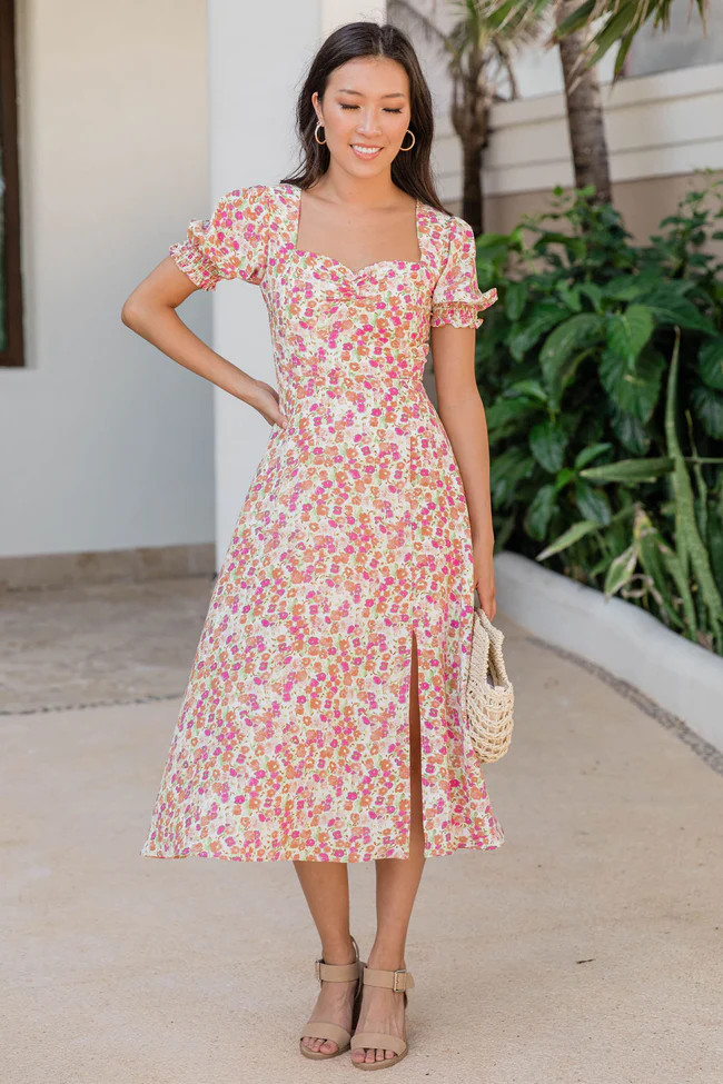 Next Day Pink Floral Cinched Bust Midi Dress FINAL SALE | Pink Lily