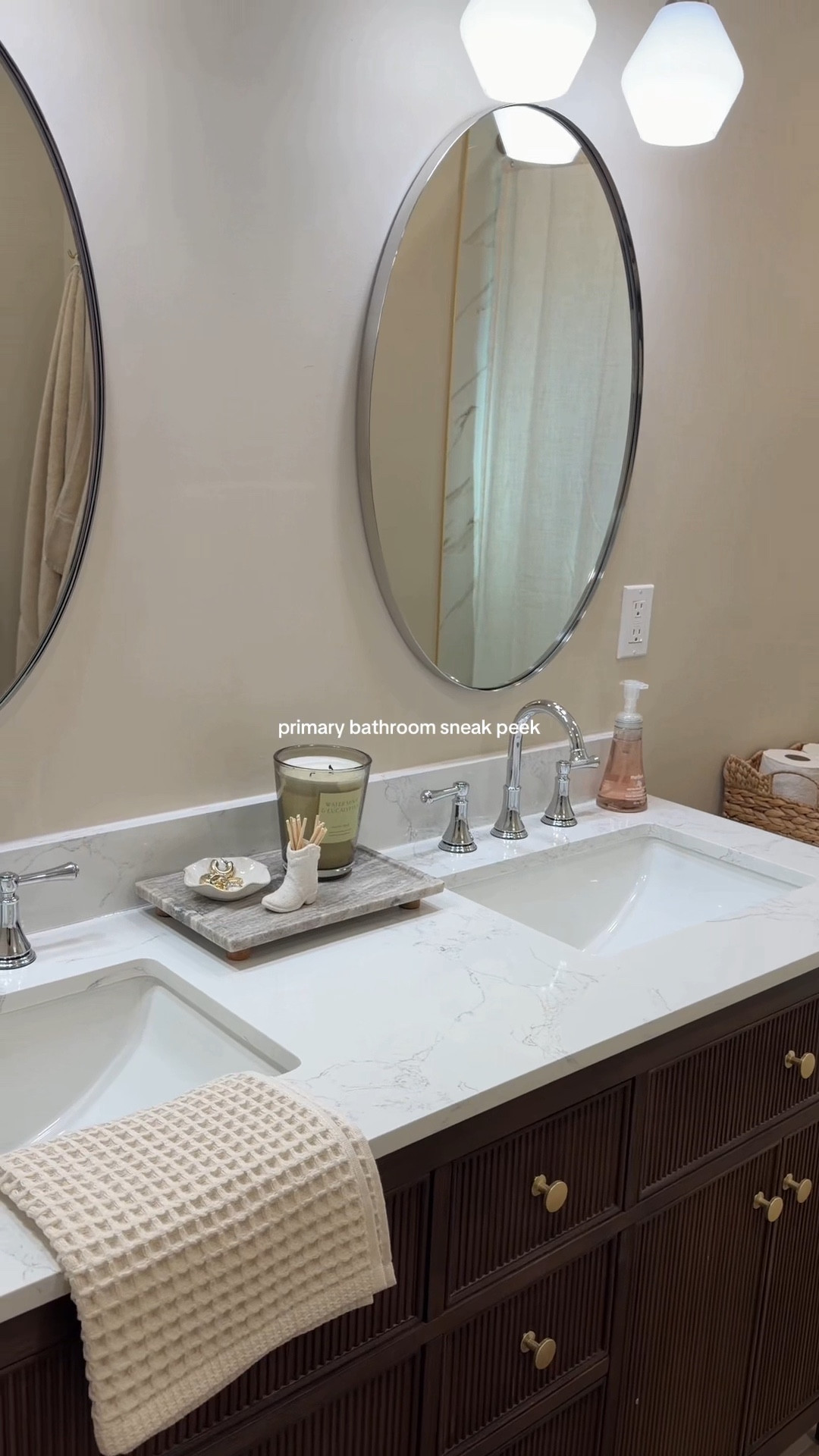 Primary bathroom renovation! Organic modern decor, neutral aesthetic, home decor inspo, bathroom tile, bathroom decor inspo, walnut furniture, gold accent bathroom, chrome faucet, affordable home decor 

#LTKHome