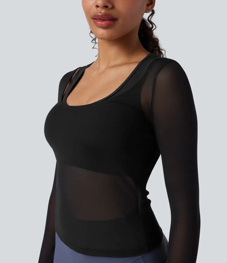 Women’s Sheer Mesh U-Neck Long Sleeve Top & Push-Up Racerback Sports Bra - Halara | HALARA