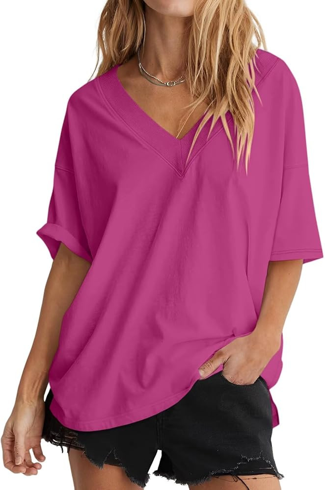 Womens Cotton Ribbed Trim V Neck T Shirts Oversized Short Sleeve Tees Trendy Loose Fit Tops Summe... | Amazon (US)