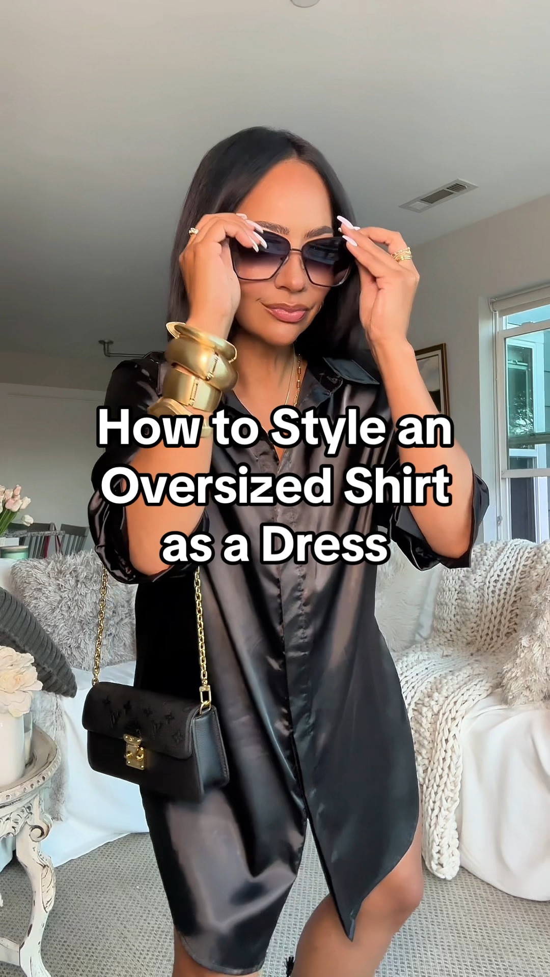 Style hack! How to style an oversized shirt as a dress 🖤

Shirt is from Fashion Nova
Bag is from Louis Vuitton 

style tips, styling tips, styling hacks, date outfit, cool girl outfit, oversized shirts, heels, gold bangles, sunglasses 

#LTKMidsize #LTKOver40 #LTKStyleTip