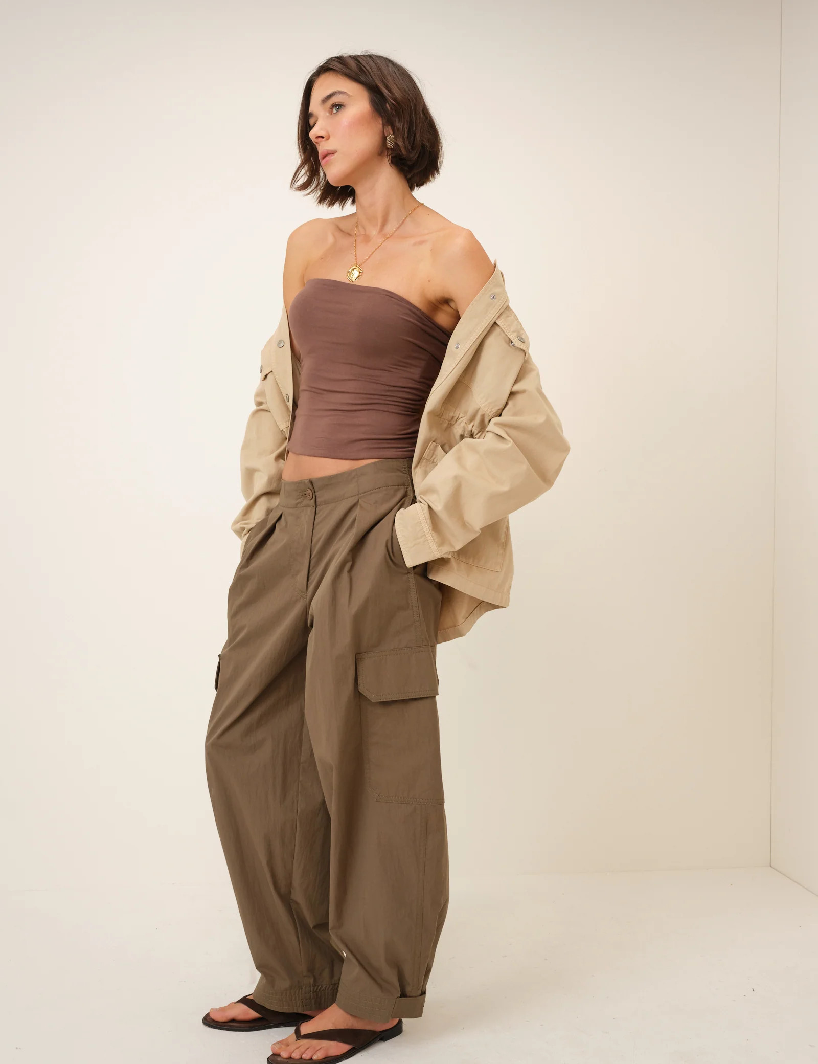 Khaki Barrel Leg Cargo Trousers | Nobody's Child